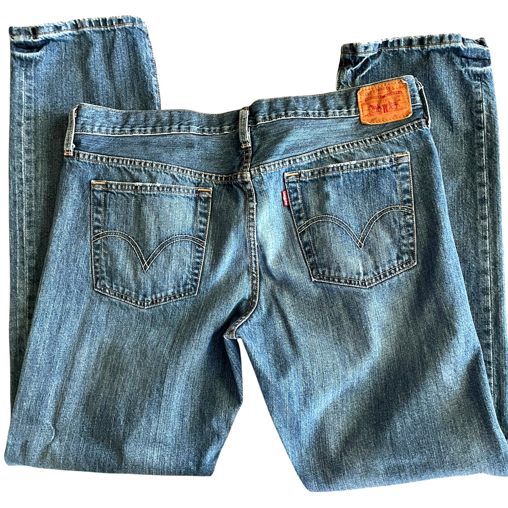 LEVI'S 501 Womens 31x32 Blue Distressed Denim Jeans Button Fly Straight Leg - Picture 6 of 7